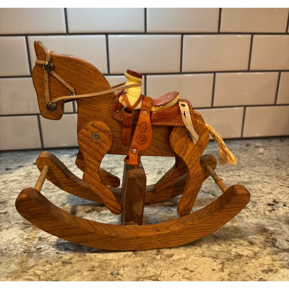 Vintage Style Wooden Rocking Horse Figurine with Embossed Leather Saddle Decor